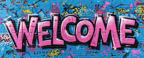 Keuken spatwand met foto Generative AI, Colorful word Welcome as graffiti  symbol on the wall, street art. Melted paint.   © DELstudio