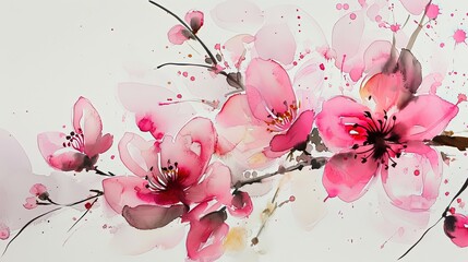 watercolor style illustration of plum flower bouquet blossom background wallpaper, color splash and wet in wet technique texture, Generative Ai