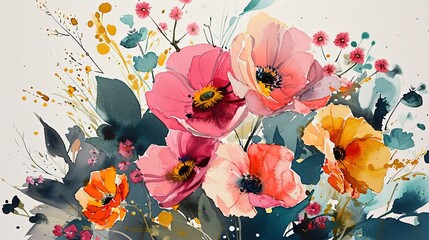 watercolor style illustration of poppy flower bouquet blossom background wallpaper, color splash and wet in wet technique texture, Generative Ai