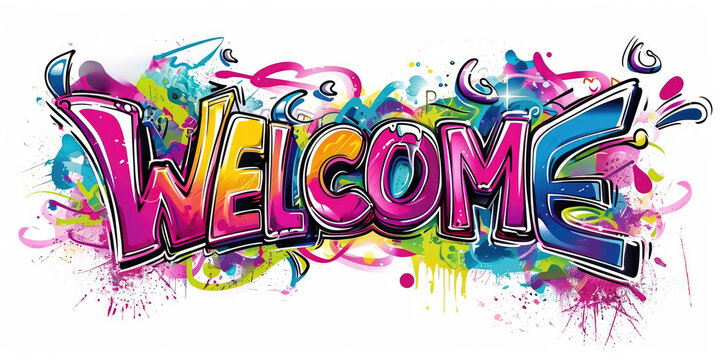 Generative AI, Colorful word Welcome as graffiti  symbol on the wall, street art. Melted paint.	
