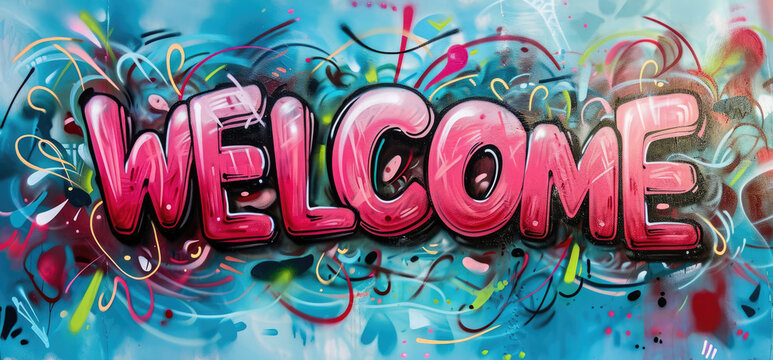 Generative AI, Colorful word Welcome as graffiti  symbol on the wall, street art. Melted paint.	
