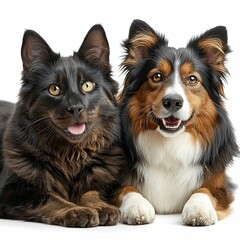 Cat Dog Together Looking Camera, White Background, Illustrations Images