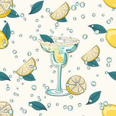 seamless pattern with lemon slices, coctail glass and bubbles on white background