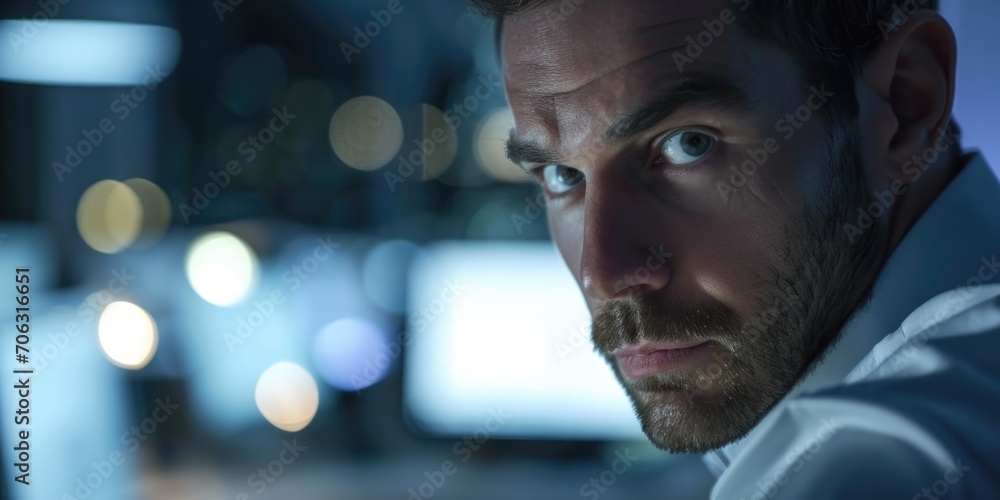 Poster a close up shot of a man focused on a computer screen. perfect for illustrating technology, work, or
