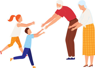 Fototapeta na wymiar Grandparents welcoming grandchildren with open arms. Elderly couple greeting boy and girl, familial love. Joyful family reunion vector illustration.