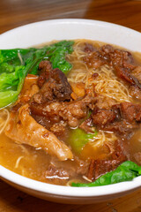 angle view fresh flank beef noodles at vertical composition