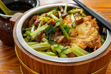 angle view fast food of scrambled egg and pork with rice and bowl of soup horizontal composition
