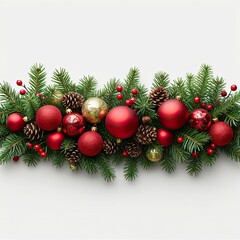Fototapeta na wymiar Christmas Decoration Fir Branch Balls, White Background, Illustrations Images