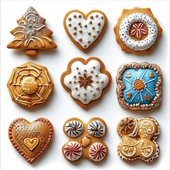 Christmas Gingerbread Sweets Placed On Wooden, White Background, Illustrations Images