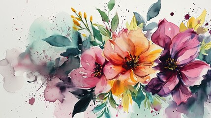 watercolor style illustration of flower bouquet blossom background wallpaper, color splash and wet in wet technique texture, Generative Ai