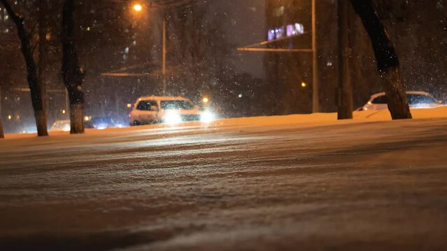 Winter night road in the city of Samara. Russia
