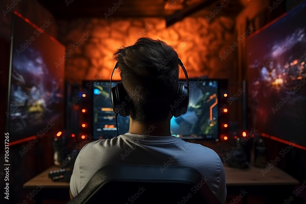 Poster generative ai back view photo image of guy sitting at home playing online game