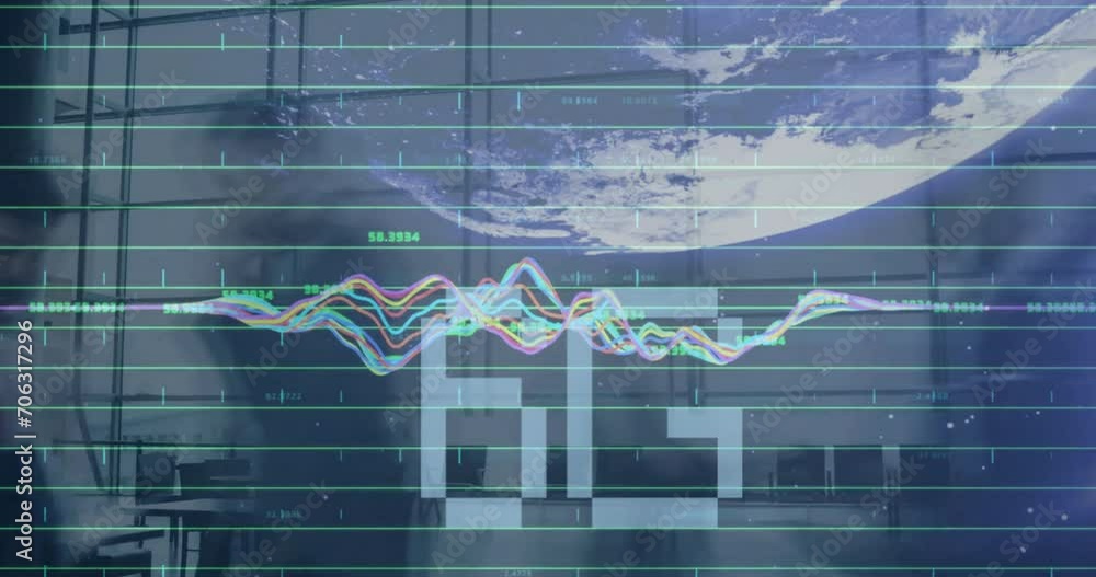 Poster animation of 6g text, globe and financial data processing