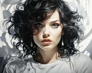 Fototapeta premium Monochrome portrait of a young woman with voluminous curly hair and big expressive eyes in a stylized, illustrative, black and white rendering
