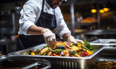 Chef in a commercial kitchen practicing sustainability by sorting biodegradable organic waste for composting, highlighting food industry's commitment to eco-friendly trash management - obrazy, fototapety, plakaty