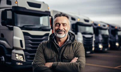 Confident Senior Truck Fleet Owner Standing Proudly in Front of His Trucks, Representing Successful Logistic and Transport Business - obrazy, fototapety, plakaty