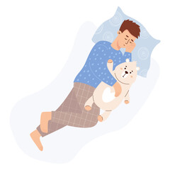 Sleeping man with plush teddy bear toy. Cute male character in flat style. Vector illustration