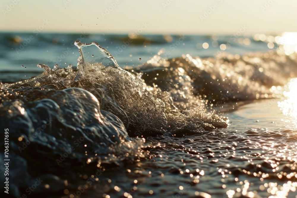 Poster a close-up view of a wave crashing onto a sandy beach. this image captures the beauty and power of t