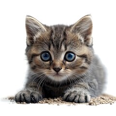 Obraz premium Closeup Kitten Gray Hair Do Crouching, White Background, Illustrations Images