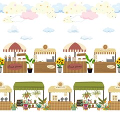 Seamless illustration of a coffee market, bakery amidst clouds and a clear sky.