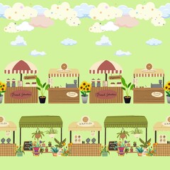 Seamless illustration of a coffee market, bakery amidst clouds and a clear sky.