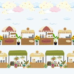 Seamless illustration of a coffee market, bakery amidst clouds and a clear sky.