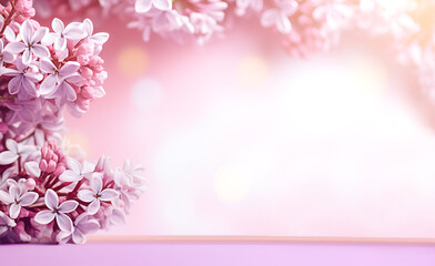 Blooming lilac flowers on a lilac background. Background for advertising cosmetic products. Flower frame or border. Spring background with copy space.