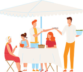 Waiters serving food to women and child at outdoor cafe. Family enjoying meal under umbrella. Dining outdoors and summer restaurant concept vector illustration.