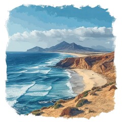 Coastal Landscape On Fuerteventura Very Windy, White Background, Illustrations Images