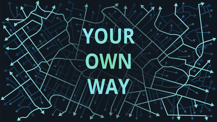 Concept of choosing a path and direction, freedom to choose one's own future. Background of the road, arrows pointing in all directions. Vector illustration