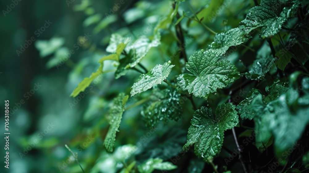 Poster a detailed view of a plant with sparkling water droplets. perfect for nature enthusiasts or those lo