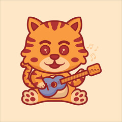 Cute cat animals playing guitar cartoon illustration