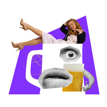 Contemporary art collage. Worried glass of beer bites his lip from experience that beautiful girl in retro outfit sitting in it. Concept of party, festival, national traditions, taste, lifestyle, fun.