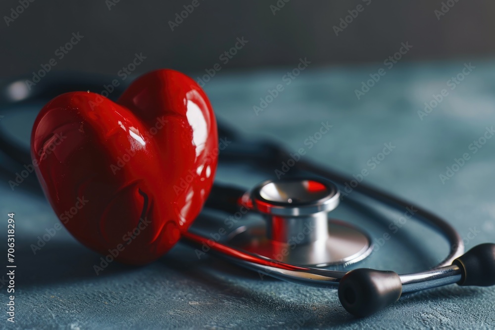 Poster a red heart and a stethoscope on a table. suitable for medical and healthcare concepts