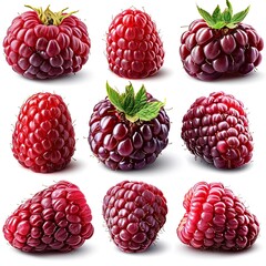 Collection Set Various Fresh Ripe Raspberries, White Background, Illustrations Images