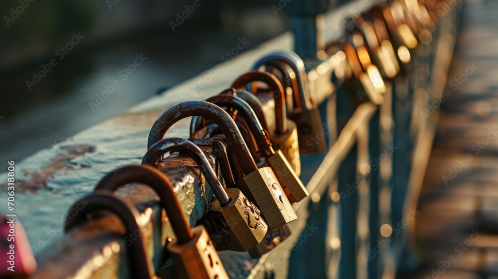 Poster a collection of padlocks attached to a fence. can be used to symbolize love, commitment, or security