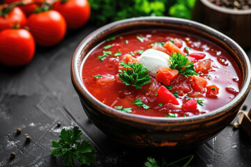 A bowl of borscht, a traditional Russian soup filled with beets, vegetables and hearty ingredients