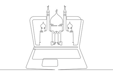 Image of a mosque on a laptop screen. Islamic religious building. Religion on the Internet. One...