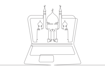 Image of a mosque on a laptop screen. Islamic religious building. Religion on the Internet. One continuous line drawing. Linear. Hand drawn, white background. One line