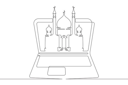 Image of a mosque on a laptop screen. Islamic religious building. Religion on the Internet. One continuous line drawing. Linear. Hand drawn, white background. One line