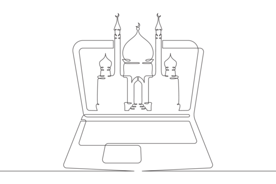 Image of a mosque on a laptop screen. Islamic religious building. Religion on the Internet. One continuous line drawing. Linear. Hand drawn, white background. One line