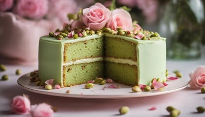 Obraz na płótnie Canvas An elegant pistachio cake infused with rosewater, adorned with pale pink rose petals and chopped