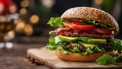A juicy burger topped with crisp bacon, creamy avocado slices, and fresh lettuce and tomato