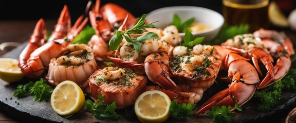 A panoramic shot showcasing a grilled seafood platter with lobster tails, scallops, prawns