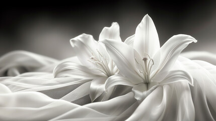 Elegant and gentle white lilies on a soft, silky velvety texture fabric with gentle folds. Gentle spring background.