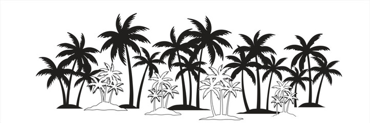 Black palm tree set vector illustration isolated on white background silhouette art black white stock illustration logo icon png. tropical, beach, landscape, pattern, paradise, coconut background