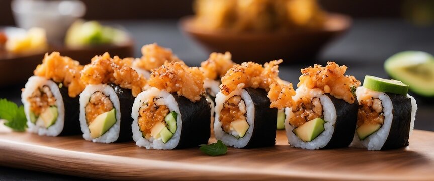 A panoramic view of fusion sushi rolls with unique combinations like spicy tuna with jalapeno, tempura