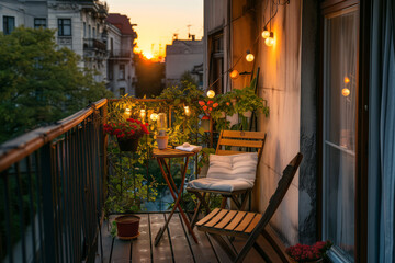 Fototapeta na wymiar Cozy balcony or small terrace with simple folding furniture, blossoming plants in flower pots and light bulbs. Charming sunny evening in summer city.