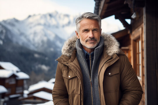 AI generated photography image of rich handsome man spending his winter holidays on mountain resort