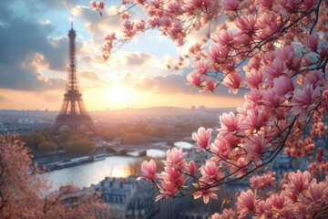 Typical Parisian postcard view of pink magnolia flowers in full bloom on a backdrop of French...